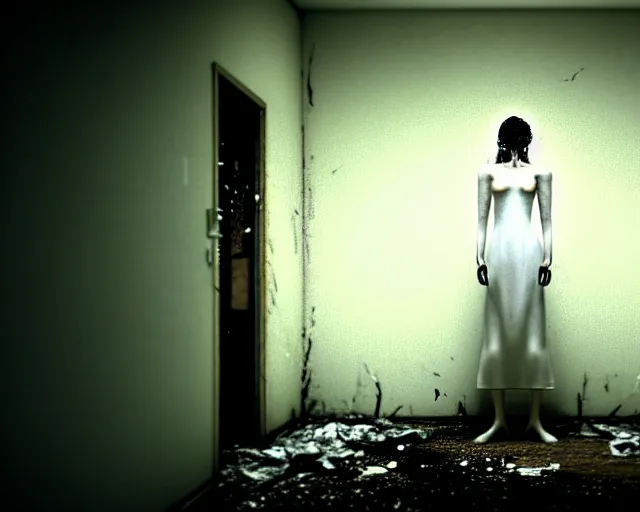 Image similar to creepy mangled woman wearing white dress standing in the backrooms, playable trailer, psychological horror, the eerie forlorn atmosphere of a place that's usually bustling with people but is now abandoned and quiet, buzzing fluorescent lights above the ceiling, unsettling images, liminal space, dark, silent hills, created by hideo kojima