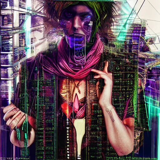 Prompt: warlock architect cyberpunk realism, intricate, photo realism, style of david lachapelle, 3 5 mm