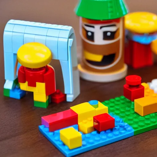Prompt: a happy meal made from lego bricks