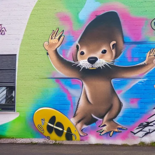 Prompt: photo of a graffiti mural of an anthro otter surfing, graffiti, mural, street art, anthro otter, furry art, furaffinity, 4 k