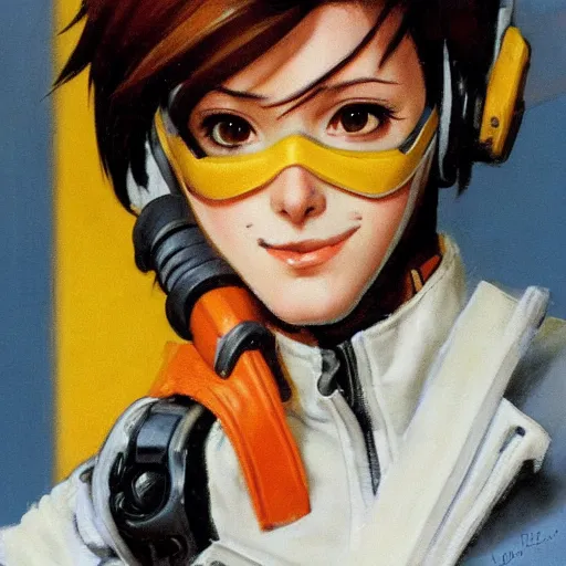 Image similar to Portrait of Tracer from Overwatch, by Norman Rockwell