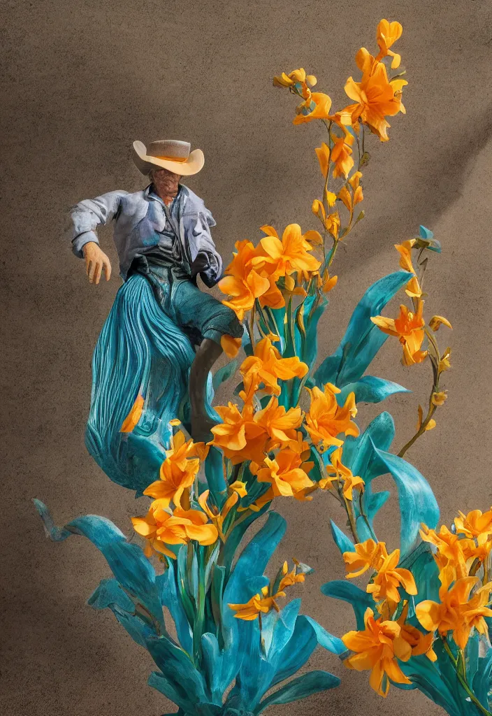 Image similar to A cowboy turning into blooms. tropical sea slugs. complementary colors. national geographic. 8k, rendered in octane, smooth gradients. sculpture by antonio canova