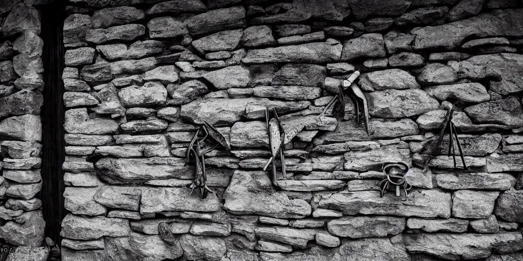 Image similar to photography of a wall with alpine farmer tools in shape of witch signs hanging down, hexagram, häxen, old hut, alp, dolomites, alpine, detailed intricate insanely detailed octane render, 8k artistic 1920s photography, photorealistic, black and white, chiaroscuro, hd, by David Cronenberg, Raphael, Caravaggio