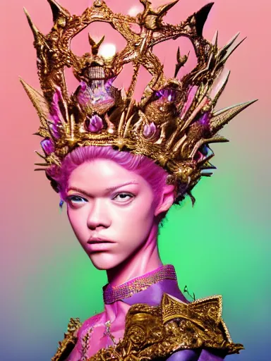 Image similar to pink portrait of beautiful female angel queen Zendaya head wearing shiny pink crown, subtle purple accents, hyper details, black metal rococo, sculpted by Alex Alice, Craig Mullins, yoji shinkawa, trending on artstation, beautifully lit, Peter mohrbacher, hyper detailed, insane details, intricate, elite, elegant, luxury, ray of light through smoke, CGsociety, hypermaximalist, golden ratio, volumetric, octane render, weta digital, micro details, 3d sculpture