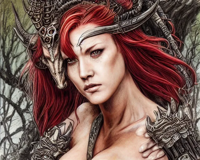 Prompt: 5 5 mm portrait photo of an armored gorgeous anesthetic redhead woman warrior with a face tattoo and horns growing from her head, and dragon sitting on her shoulder in a magical forest in the style of stefan kostic, art by luis royo. highly detailed 8 k. intricate. lifelike. soft light. nikon d 8 5 0. cinematic post - processing