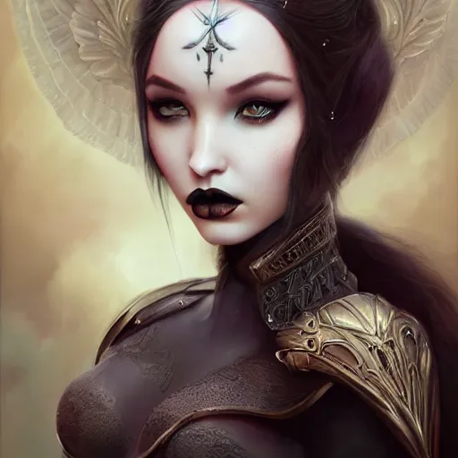 Image similar to tom bagshaw, very beautiful genetic mix of dove cameron madison beer bella poarch in a dark fantasy warrior splendid armor, ornaments, thin gothic makeup, professionally retouched, focus eyes, ultra realistic soft painting, insanely detailed linework, symmetrical accurate intricate features, behance artstation, 8 k