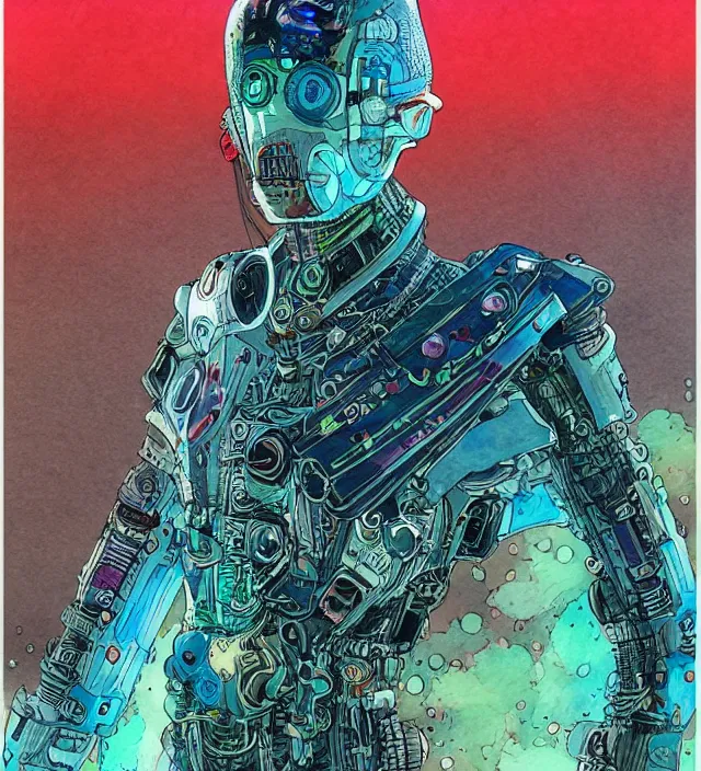 Image similar to a watercolor ink painting of a cybernertic punk / raver in the style of jean giraud in the style of moebius trending on artstation deviantart pinterest detailed realistic hd 8 k high resolution