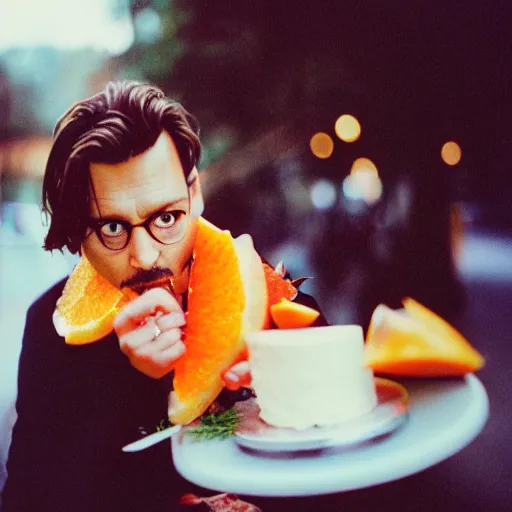 Image similar to johnny depp eating orange cake coloured film photography, 5 0 mm film