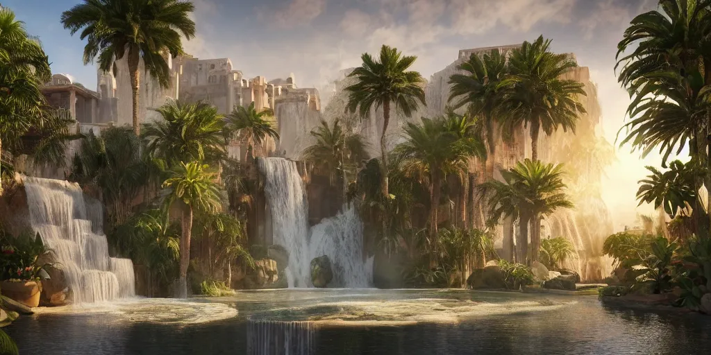 Image similar to beautiful oasis waterfalls surrounded by palm trees, moroccan tile archways, date trees, ivory towers, sun setting, ross tran, nephilim, pyroclastic flow, ethereal, fantasy, james jean, oozium, peter morbacher angelarium alchemy luxury heavenly light soft illumination, trending on artstation, cinematic lighting, digital painting, octane render, artgerm