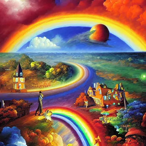 Image similar to rainbow road by james christensen, rob gonsalves, paul lehr, leonid afremov and tim white