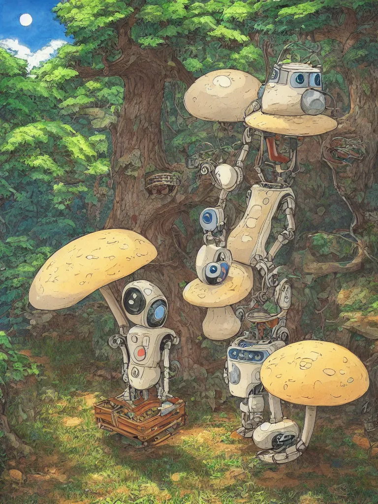 Prompt: portrait painting of a rustic robot sitting under a tree, mushroom, in the style of Studio Ghibli, by Hayao Miyazaki, high quality, detailed, 8k, amazing