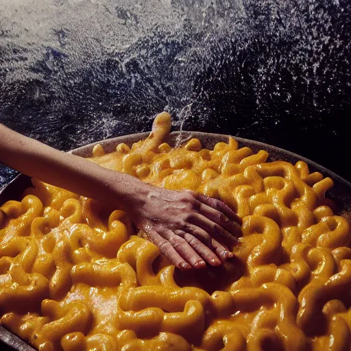 Image similar to a man drowning in a giant pool of mac n' cheese. photograph. medium format.