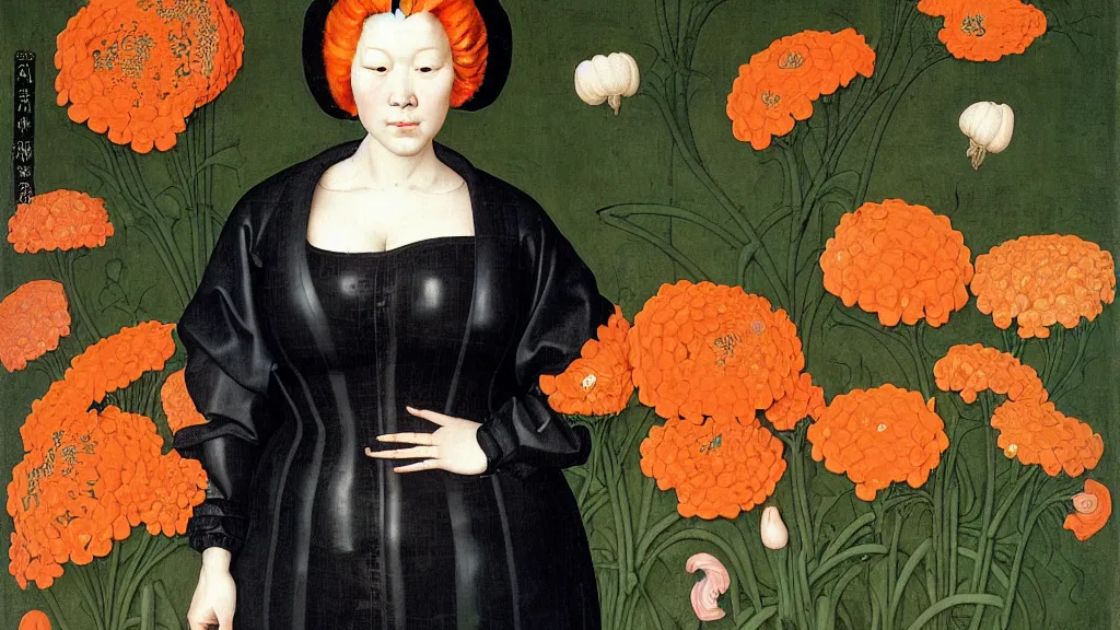 Image similar to portrait of a curvy woman with orange hair buns, wearing a black raincoat, standing in a garden full of plants and flowers, intricate details, high detail, in the style of rogier van der weyden and jacopo da pontormo, punk, asian art,