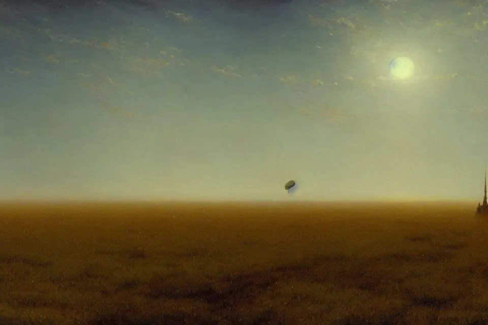 Image similar to sci-fi painting of a large alien city on the vast wheat fields, the closed back view of only one humanoid robot on the ground, by Ivan Aivazovsky, godrays, detailed