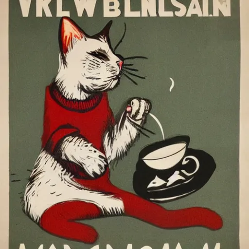 Image similar to british cat sipping on tea, propaganda poster