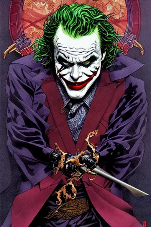 Image similar to poster of heath ledger's joker as a samurai, by yoichi hatakenaka, masamune shirow, josan gonzales and dan mumford, ayami kojima, takato yamamoto, barclay shaw, karol bak, yukito kishiro, highly detailed