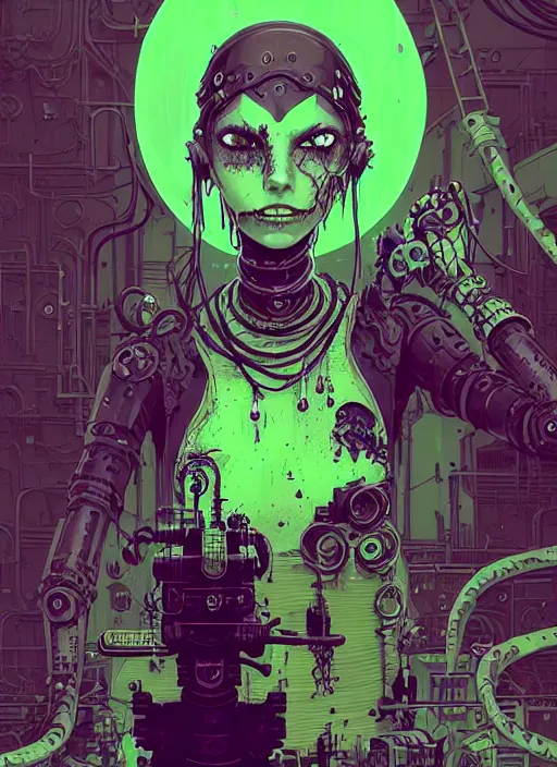 Image similar to highly detailed portrait of wasteland punk long dripping green poison hair tribal lady, stray wiring by atey ghailan, james gilleard, by joe fenton, by greg rutkowski, by greg tocchini, by kaethe butcher, 4 k resolution, gradient purple, brown and black and white color scheme!!! ( ( green flaming robotic sewer background ) )