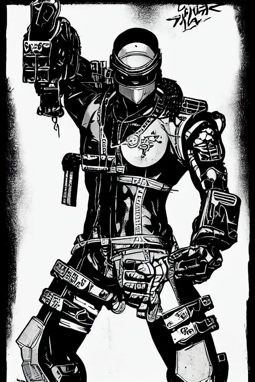 Image similar to cyborg ninja standing heroically, a page from cyberpunk 2 0 2 0, style of paolo parente, style of mike jackson, adam smasher, johnny silverhand, 1 9 9 0 s comic book style, white background, ink drawing, black and white