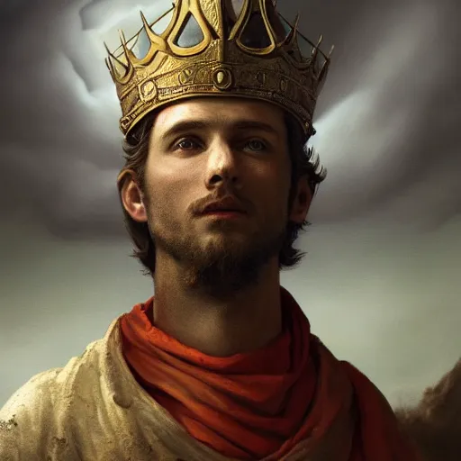 Prompt: a masterpiece!! matte painting of a handsome!! man riding on a white horse with eyes like flames!, many crowns!! upon his head, a robe dipped in blood!, by gustav dore and paul barson, 8 k, uhd, cgsociety, trending on artstation, coruscation!!, crepuscular!!