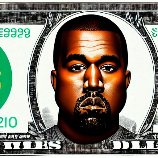 Prompt: kanye west on the american one dollar bill