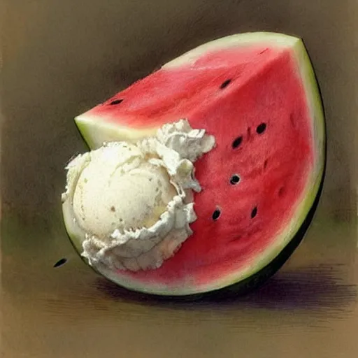 Image similar to ( ( ( ( ( watermelon with vanilla ice cream. muted colors. ) ) ) ) ) by jean - baptiste monge!!!!!!!!!!!!!!!!!!!!!!!!!!!