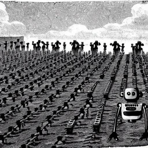 Image similar to levitating robot bots in front of hundreds of dead people , old photograph , 1824 , HD , 4k , realistic