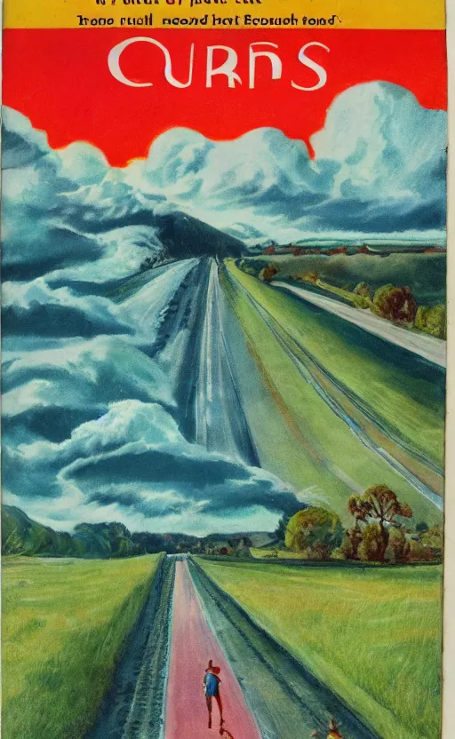 Image similar to paperback book cover. 1 9 5 0 s. pure colors, melting clouds, accurately drawn details, a sunburst above a receding road with the light reflected in furrows and ruts, after rain. and no girls.