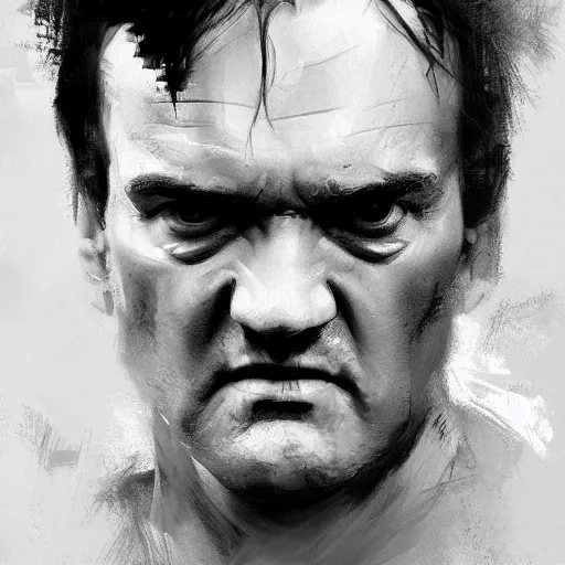 Prompt: A realistic hyperdetailed wide-shot digital oil portrait painting of an quentin tarantino in the style of Guy Denning, Ruan Jia, and Craig Mullins. Trending on ArtStation, DeviantArt, and Instagram. CGSociety Digital art. quentin tarantino.