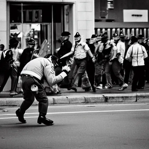 Image similar to a riot cop beating a clown, leica m 9, voigtlander 3 5 mm, 1 9 6 0 s