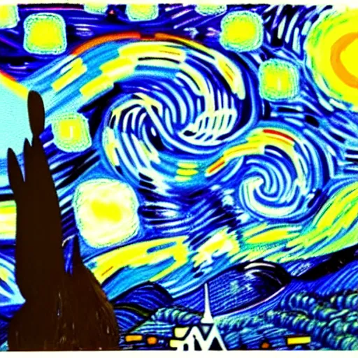 Image similar to painting of an angry stay puft marshmallow man in the style of starry night by vincent van gogh