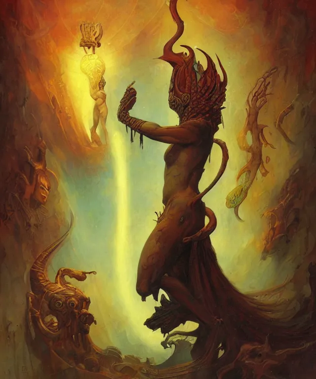 Prompt: horus with man ’ s body, glowing fiery background, in the style of peter mohrbacher, wayne barlowe, gustav moreau, bussiere, roberto ferri, santiago caruso, luis ricardo falero, austin osman spare, colorful