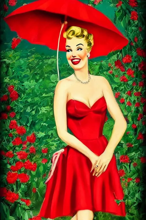 Image similar to a portrait of a beautifull woman, wearing a red dress,with a beautifull smile,a garden background.in american style pin up.anatomically correct