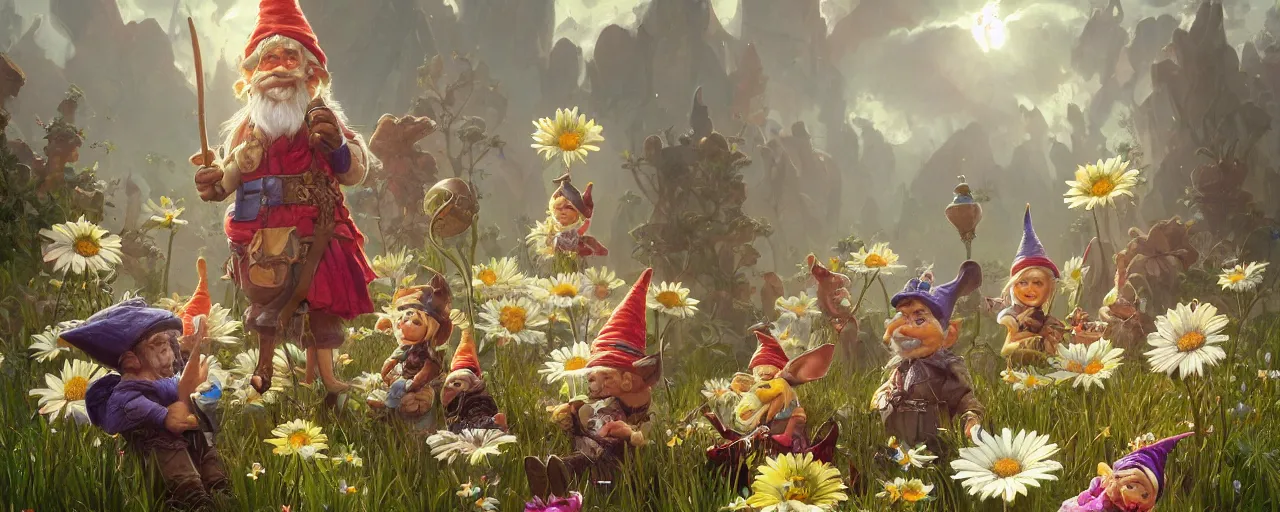 Image similar to a group of outrageous gnomes next to a giant daisy with sparkles, D&D, fantasy, intricate, cinematic lighting, highly detailed, digital painting, artstation, concept art, smooth, sharp focus, illustration, art by Artgerm and Greg Rutkowski and Alphonse Mucha