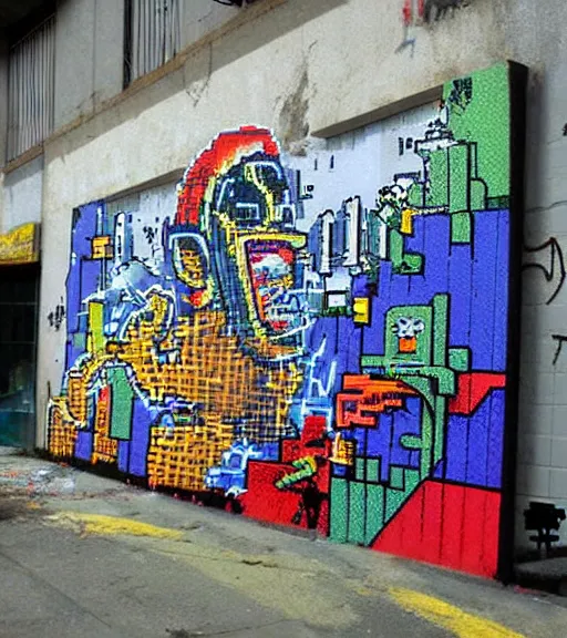 Image similar to graffiti street art pixelart retro videogames from the 8 0 s, streetview