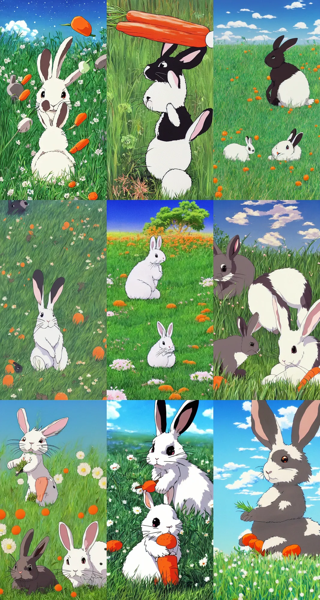 Prompt: beautiful painting from the anime film by studio ghibli, floppy eared rabbit in a grassy field eating carrots, white with black spots, happy, trending on artstation