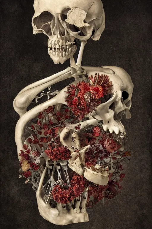 Prompt: anatomical man with large eyes and lips laying in bed of bones of flowers, an existential dread of love, HD Mixed media, highly detailed and intricate, surreal illustration in the style of Caravaggio, baroque dark art