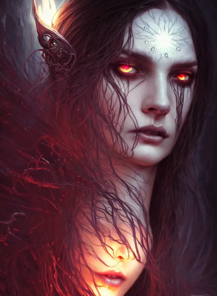 Image similar to Necromancer Sorceress face close-up macro in center, fantasy magic, undercut hairstyle, dark light night, intricate, elegant, sharp focus, illustration, highly detailed, digital painting, concept art, matte, art by WLOP and Artgerm and Greg Rutkowski and Alphonse Mucha, masterpiece