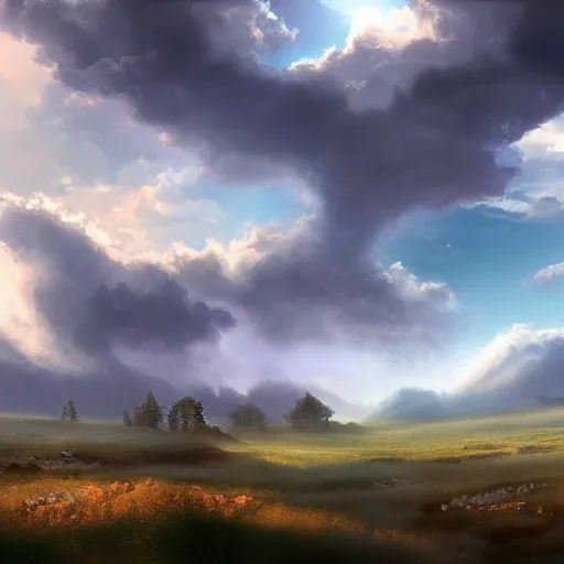 Image similar to peaceful puffy clouds, matte painting, concept art, 4k