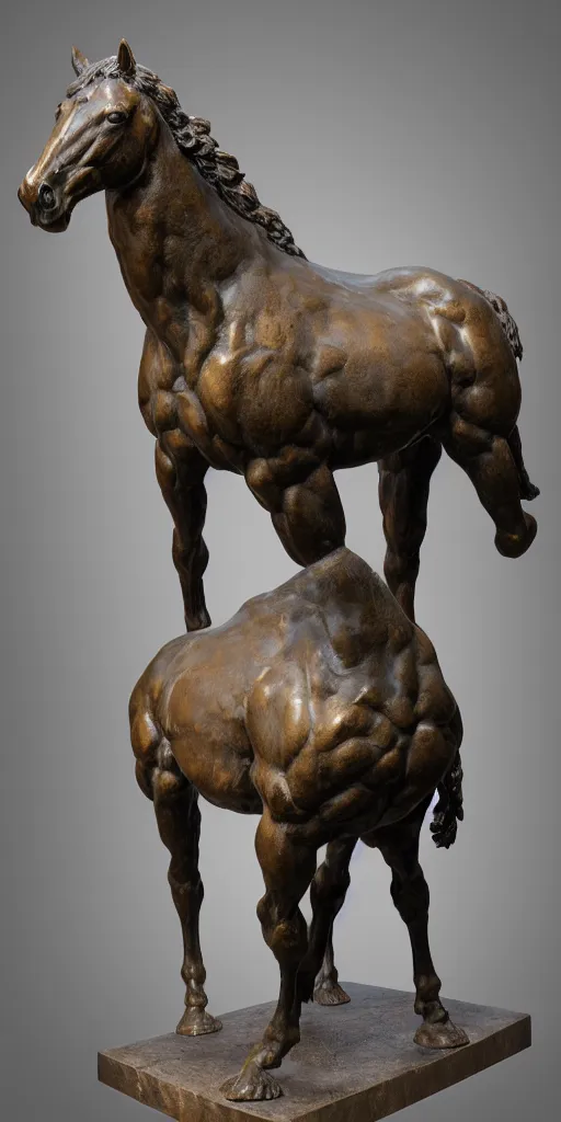 Prompt: detailed photo of an old bronze patina statue of a horse, full body portrait, various pose, photorealism, intricate detail, museum diffuse lighting