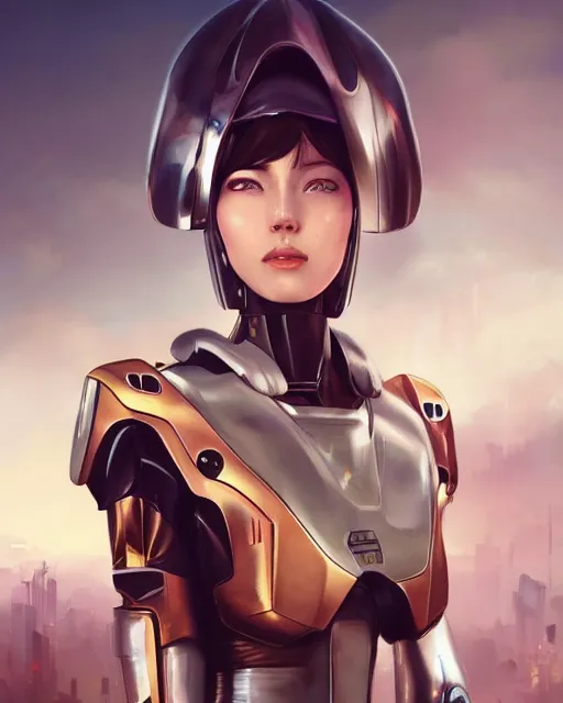 Image similar to beautiful delicate imaginative streamlined elegant futuristic close up portrait of a soldier female sitting with elegant deadly looks, mecha neon genesis evangelion armor with gold linings by ruan jia, tom bagshaw, alphonse mucha, futuristic buildings in the background, epic sky, vray render, artstation, deviantart, pinterest, 5 0 0 px models