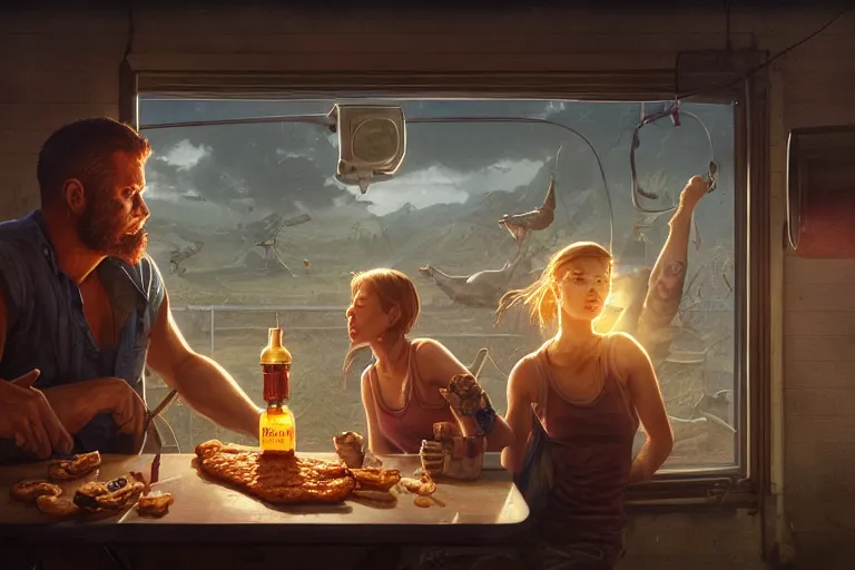 Image similar to detailed intricate digital illustration by greg rutkowski and artgerm and wlop and sanford robinson gifford ; redneck hillbilly hick at a cheeseburger restaurant ; 1 3 mm film, arri alfa anamorphic lens ; sharp focus ; golden hour, trending on artstation 8 k