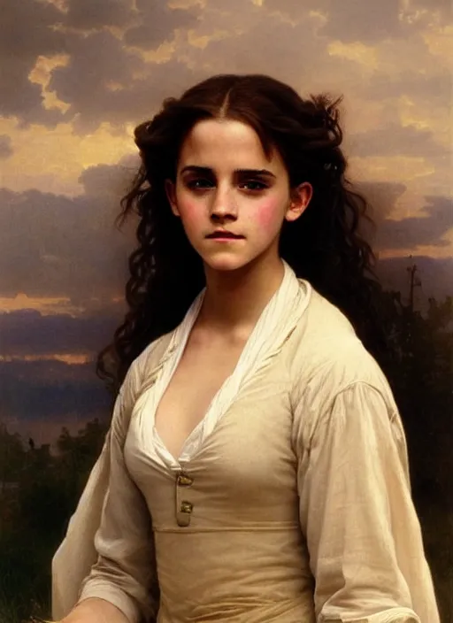 Image similar to painting of emma watson as hermione granger. beautiful. gorgeous. during golden hour. art by william adolphe bouguereau.