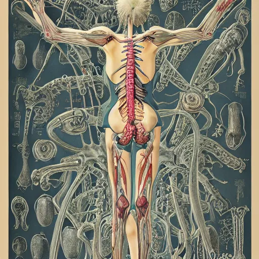 Image similar to ghost in the shell, highly detailed labeled medical anatomy poster, anatomical drawing on poster paper with notes, extra beautiful colorful full page antique lithograph of artnouveau borders and designs, muted colors, parchment paper, art print, well - lit, ray tracing, horror, eldritch abomination, hyper realistic, 8 k post - processing
