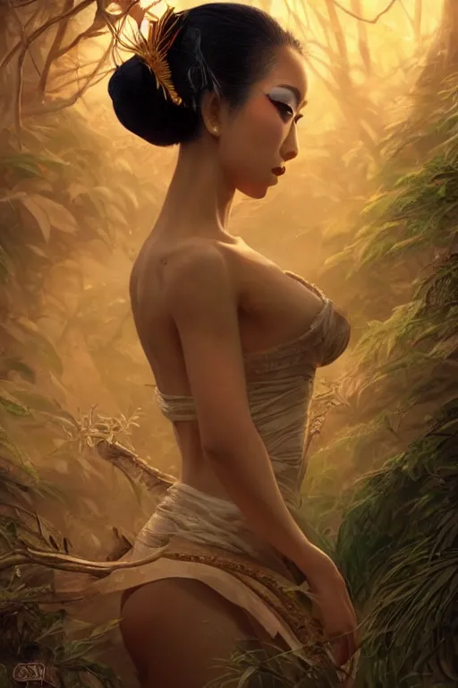 Image similar to stunningly beautiful, geisha prima ballerina in jungle, symmetrical face, golden hour, smooth, focus, highly detailed, hyper realistic, dramatic lighting, elegant, intricate, concept art, art by wlop, mars ravelo, greg rutowski, artstation