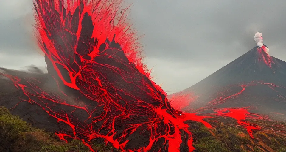 Image similar to a volcano made of ivory vines and crimson rocks enters in eruption, it spits a smoke in the shape of demonic eye, by Esao Andrew