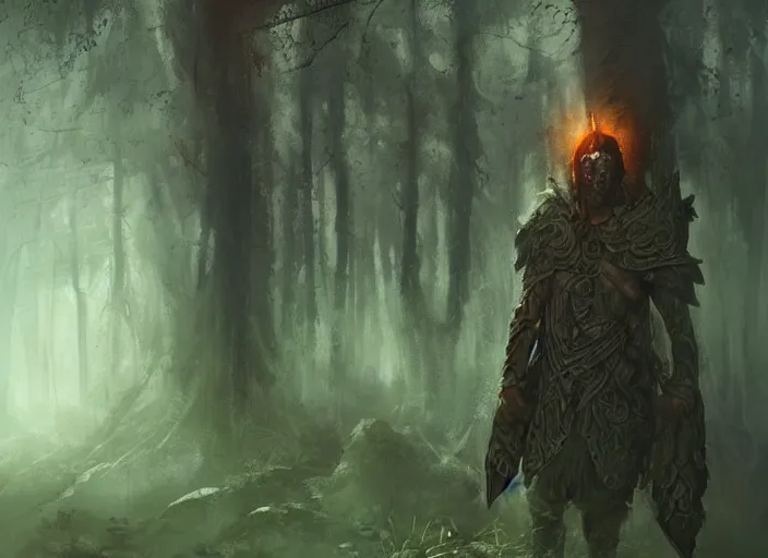 Prompt: elemental warrior, digital painting of a human warrior with a large glowing rune on his chest in a forest, by Seb McKinnon