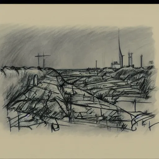 Image similar to milt kahl sketch of world war 1 trenches with the city of miami in the background