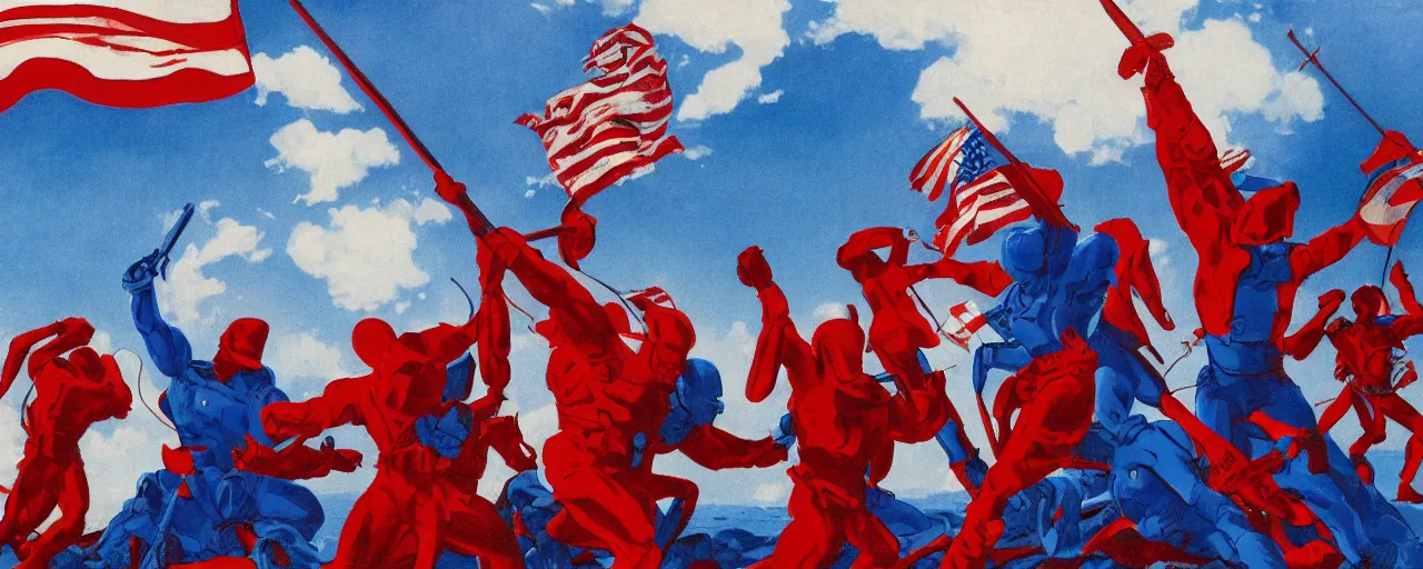 Prompt: full color photo of red white and blue androids proudly raising the flag on iwo jima in the style of alex grey and syd mead