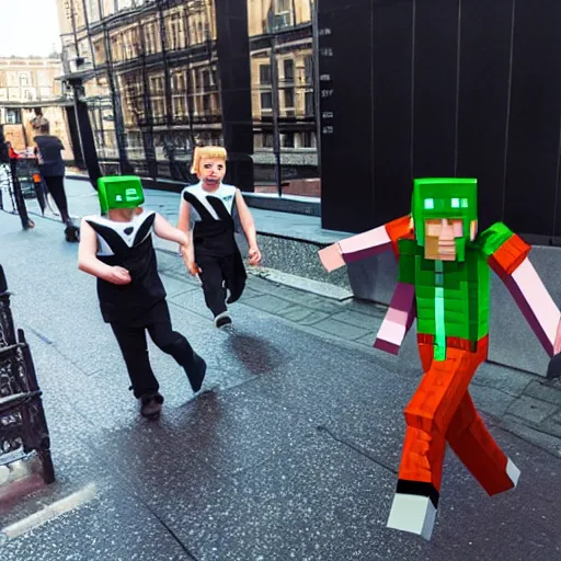 Image similar to photo of life like minecraft characters walking on london streets and scaring people