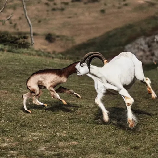 Image similar to drake running from a goat, detailed face, sharp focus